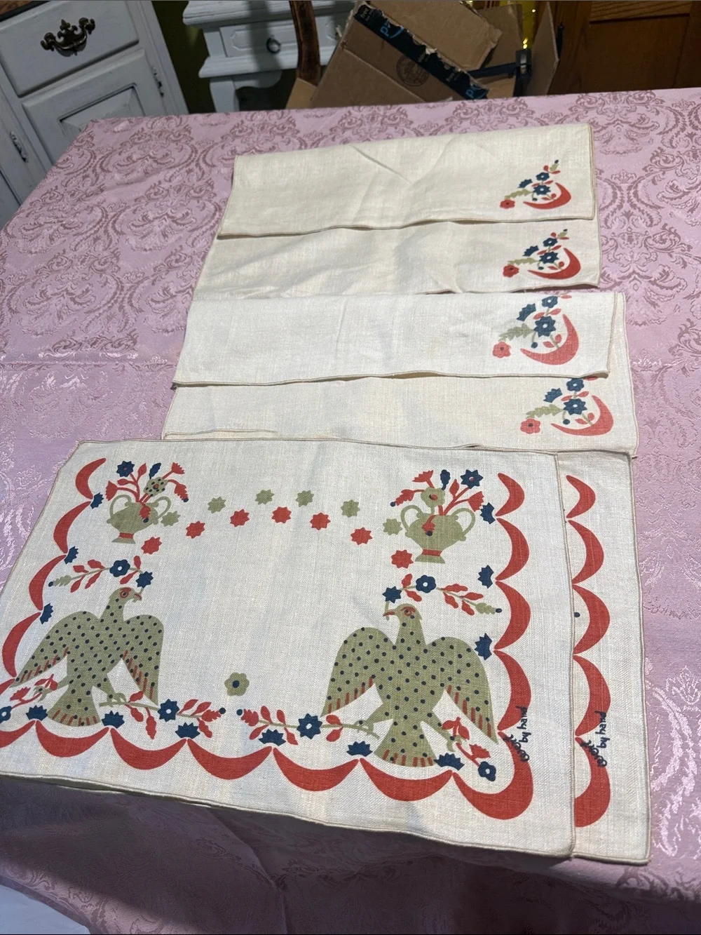Vintage placemats rare Robert Darr Wert By Hand ~ Eagle ~ Americana 1960's linen